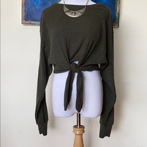 SOLD Olive Green Ribbed Knotted Hem Shirt